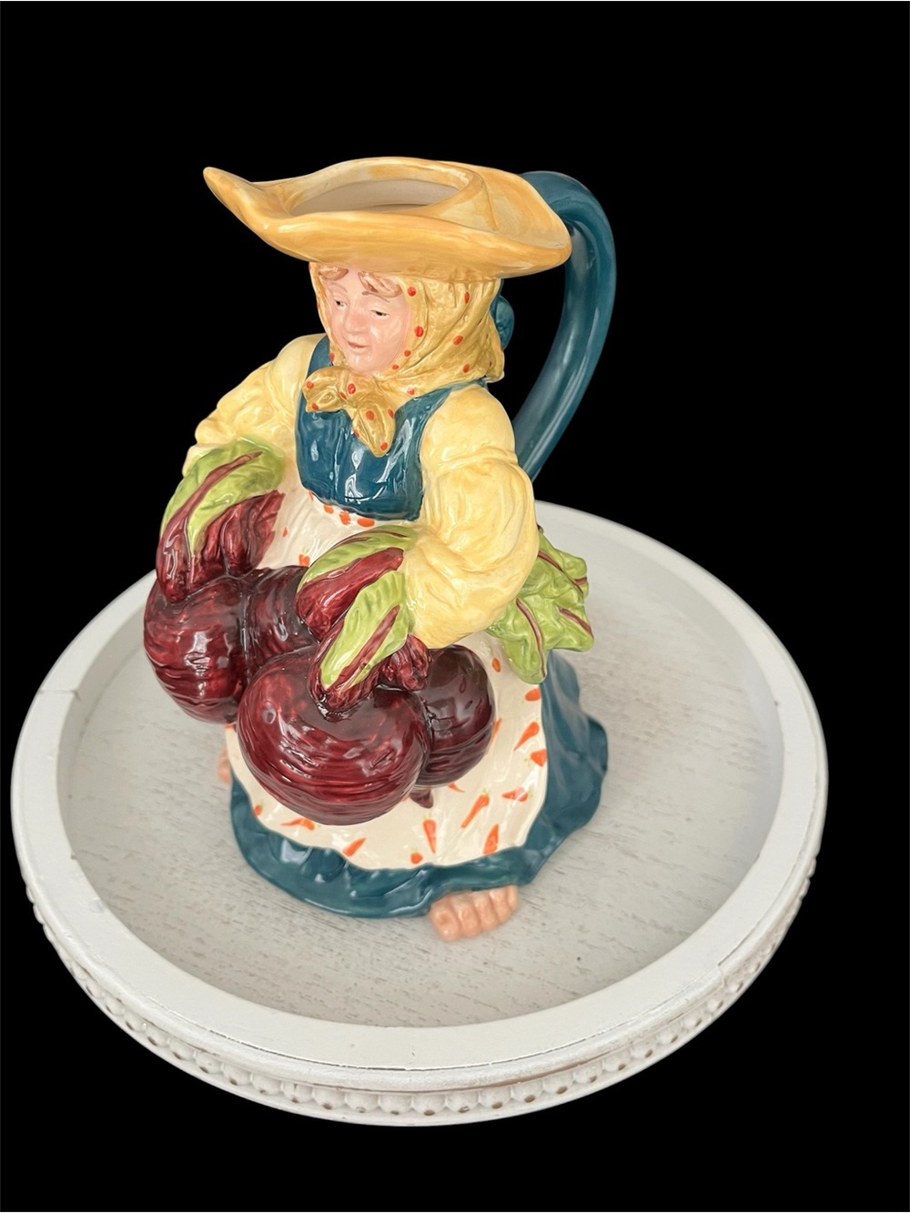 Vintage Blue Sky Hand-Painted Farmer Woman Pitcher with Red Beets